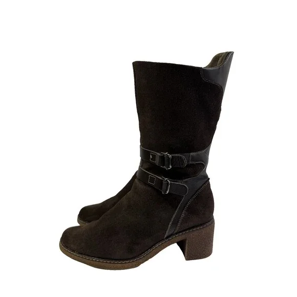 Aquatalia Women’s Mid Calf Boots Brown Suede Waterproof Block Heel Size 7.5 - Picture 2 of 16